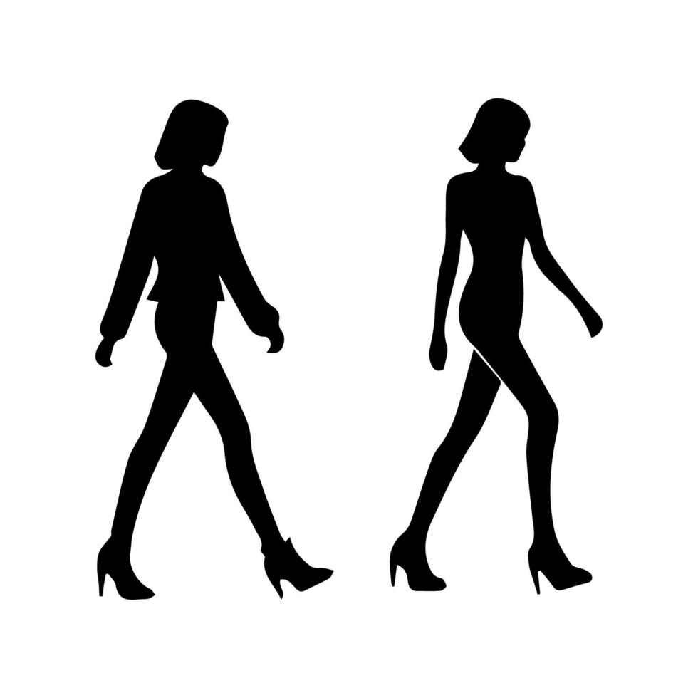 silhouettes of women standing and walking business people, black color isolated on white background vector