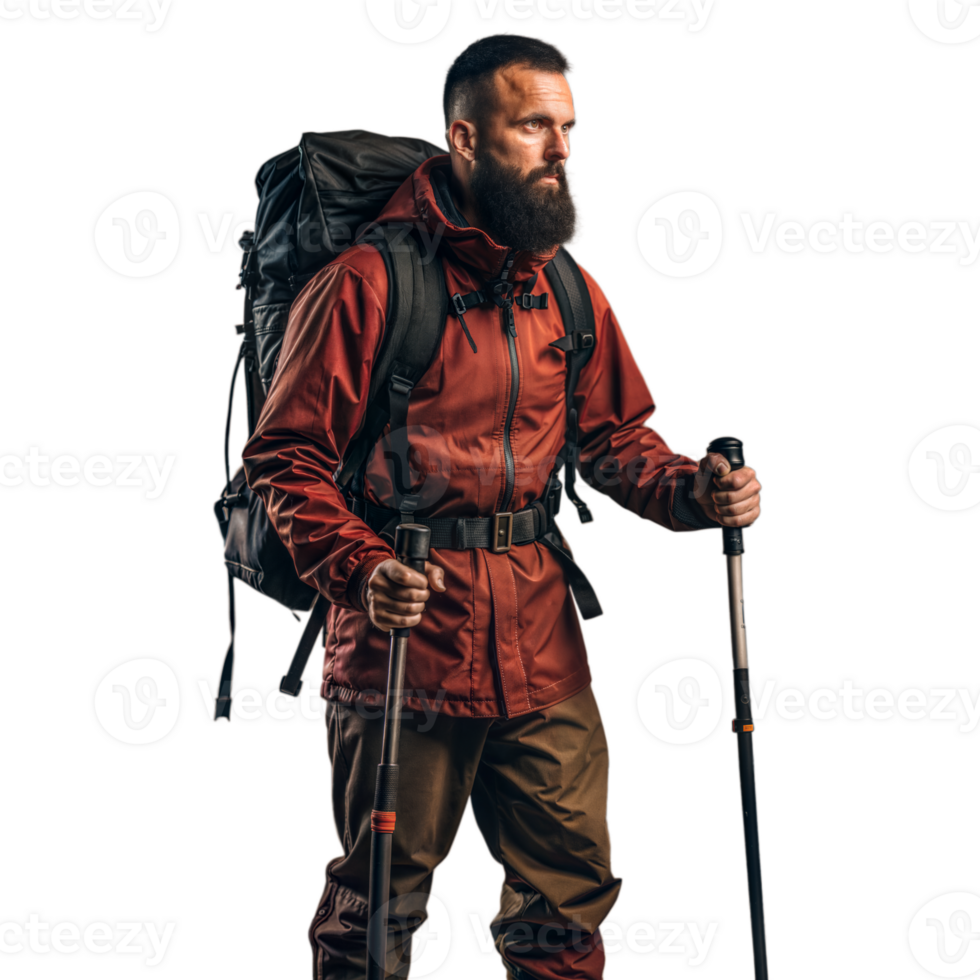Mountain hiker in red jacket with backpack on transparent background png