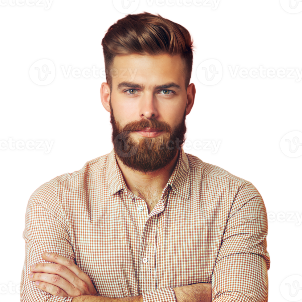 Confident bearded man in checkered shirt on transparent background png