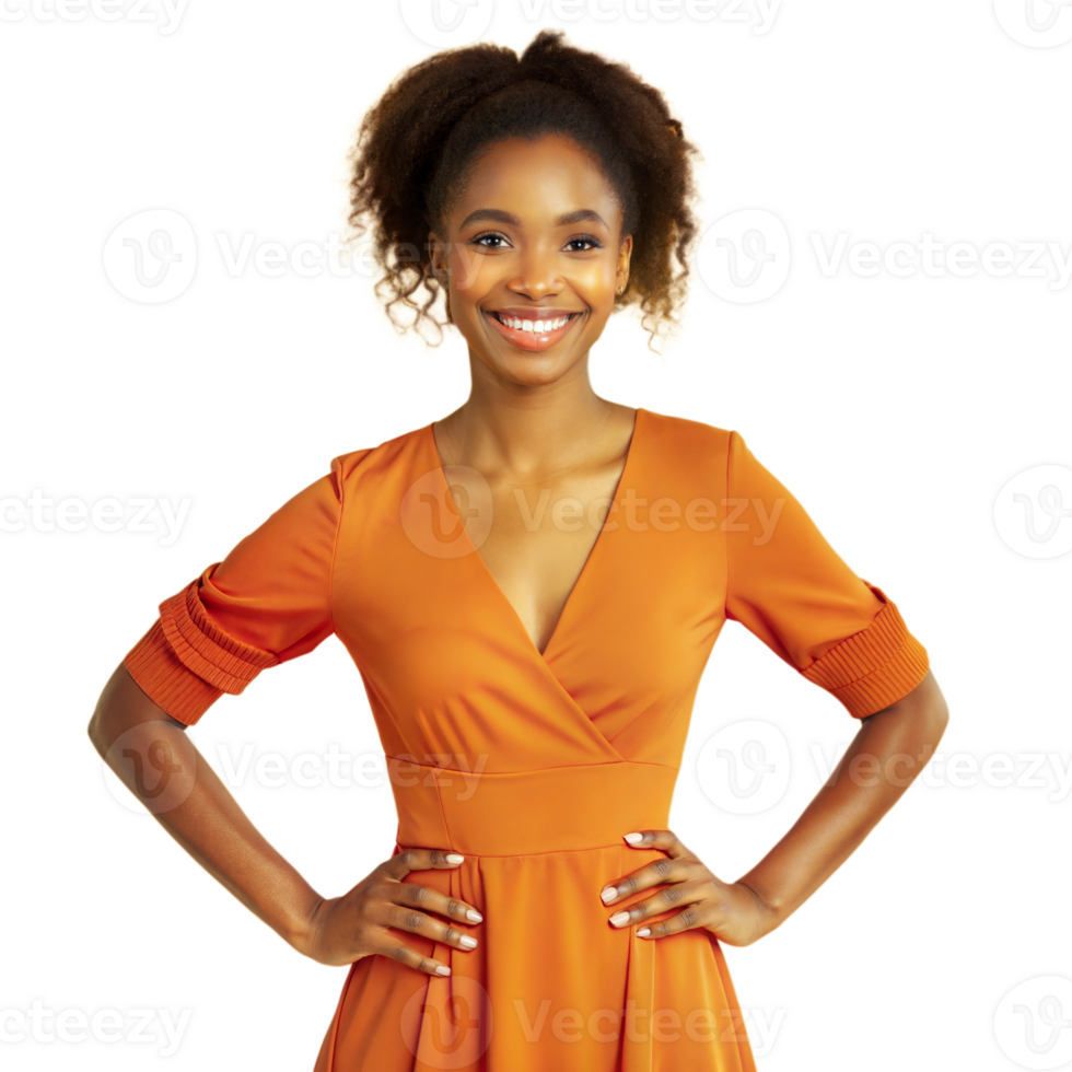 Confident woman in orange dress with hands on hips png