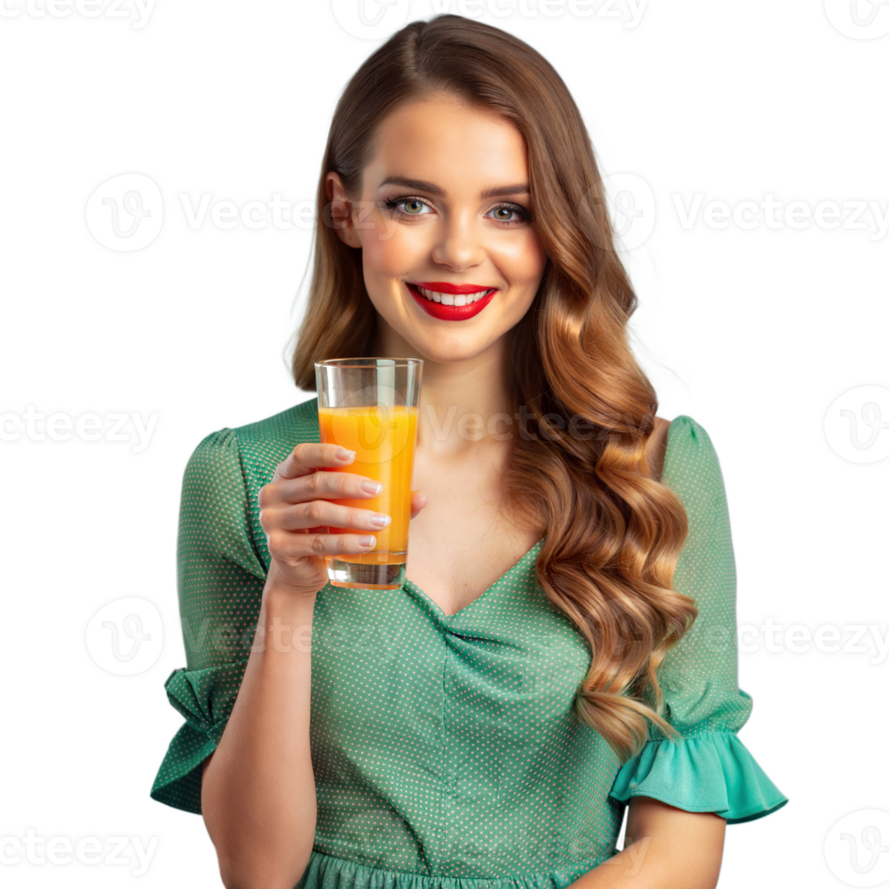 Smiling woman holding a glass of orange juice on transparent background png