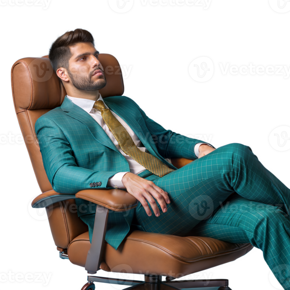 Confident businessman relaxing on office chair with transparent background png