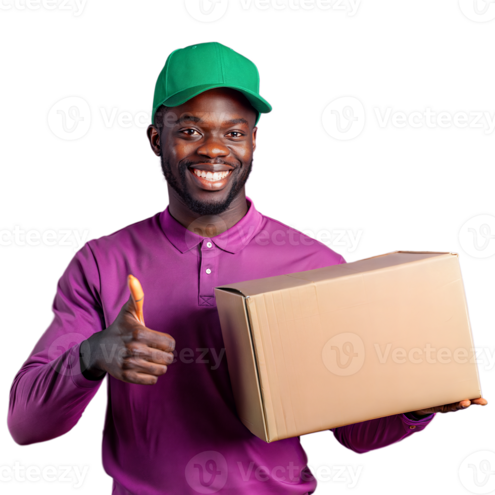 Smiling delivery man with parcel and thumbs up on transparent background png