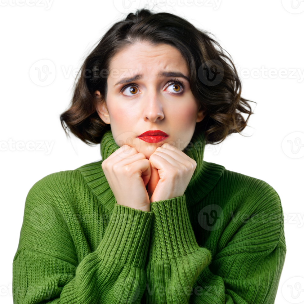 Worried woman in green sweater with anxious facial expression png