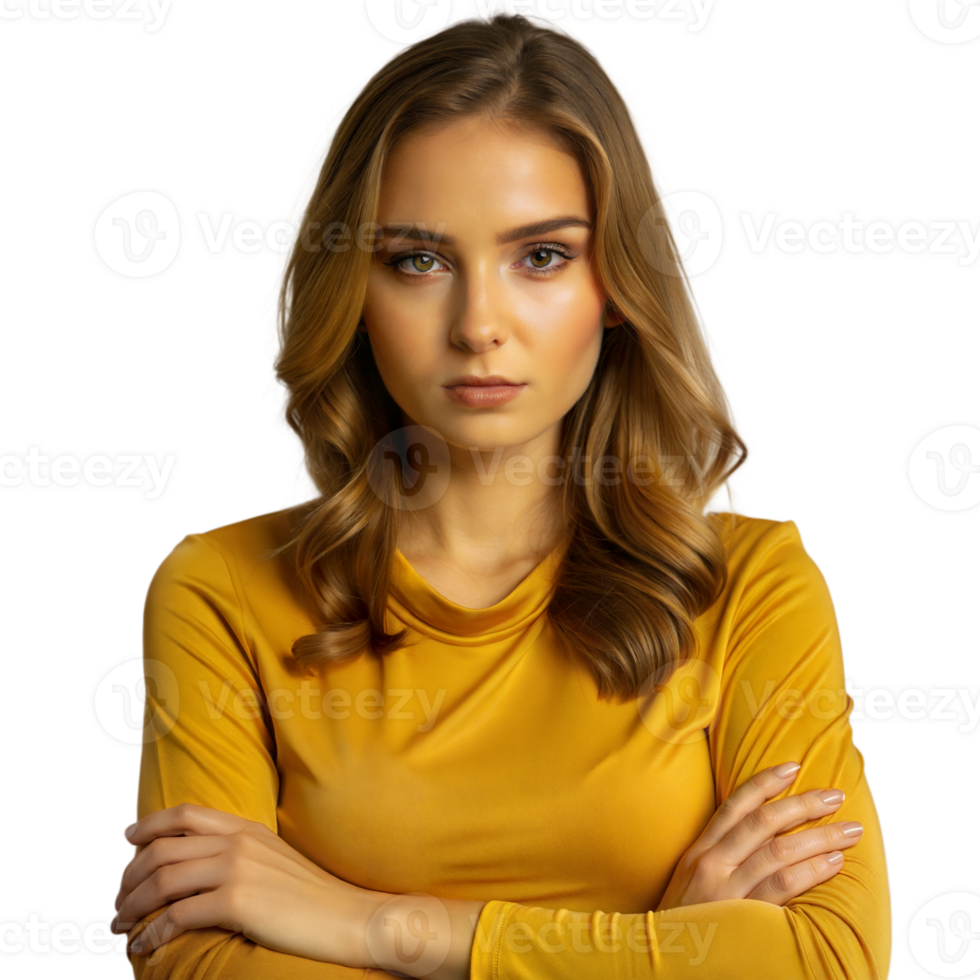 Confident young woman with crossed arms on transparent background png