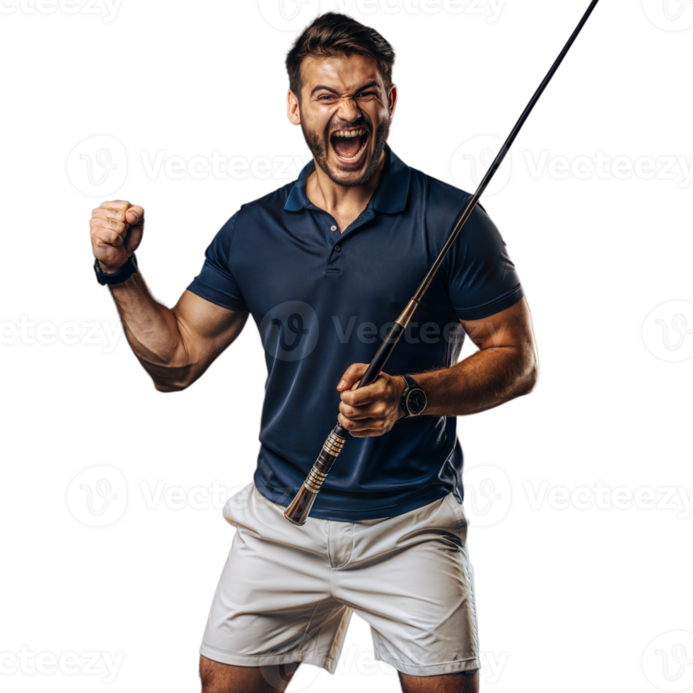 Excited man celebrating with a pool cue on a transparent background png