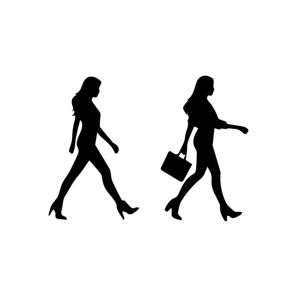 silhouettes of women standing and walking business people, black color isolated on white background vector