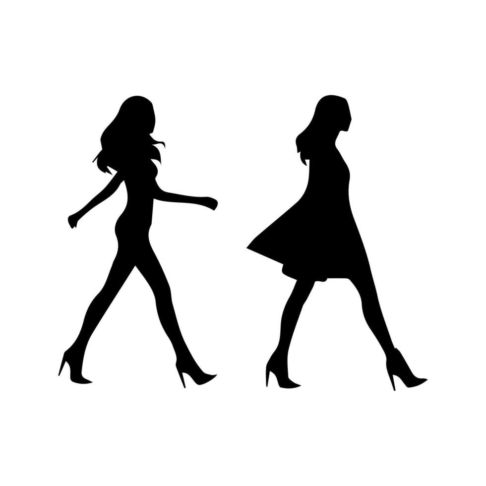silhouettes of women standing and walking business people, black color isolated on white background vector