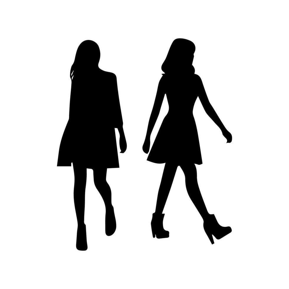 silhouettes of women standing and walking business people, black color isolated on white background vector