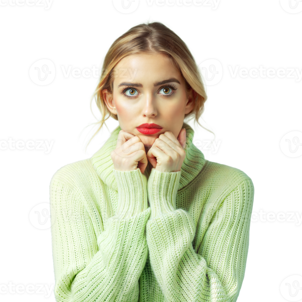 Woman with anxious expression in green sweater on transparent background png