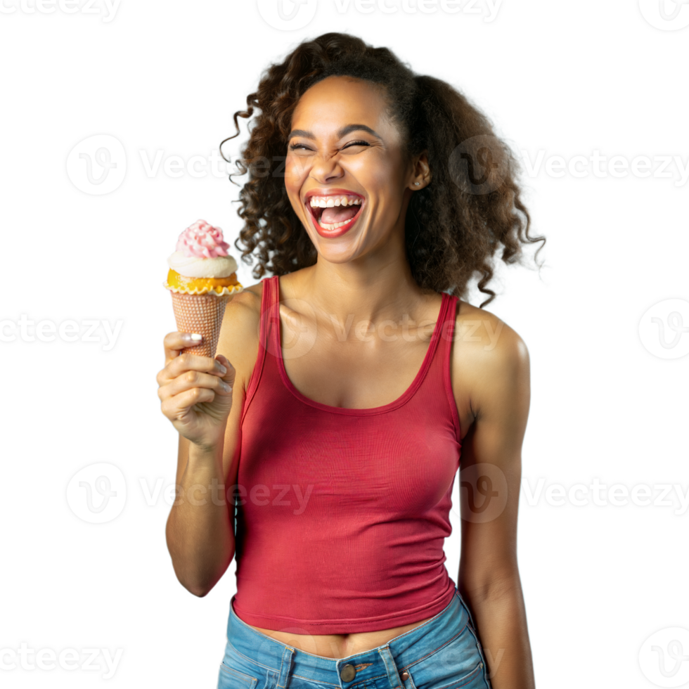Woman laughing while holding ice cream on transparent background png