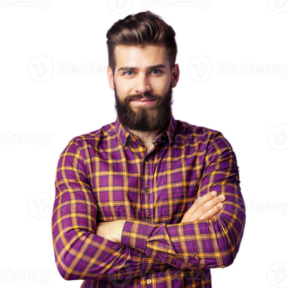 Confident man with beard and plaid shirt on transparent background png