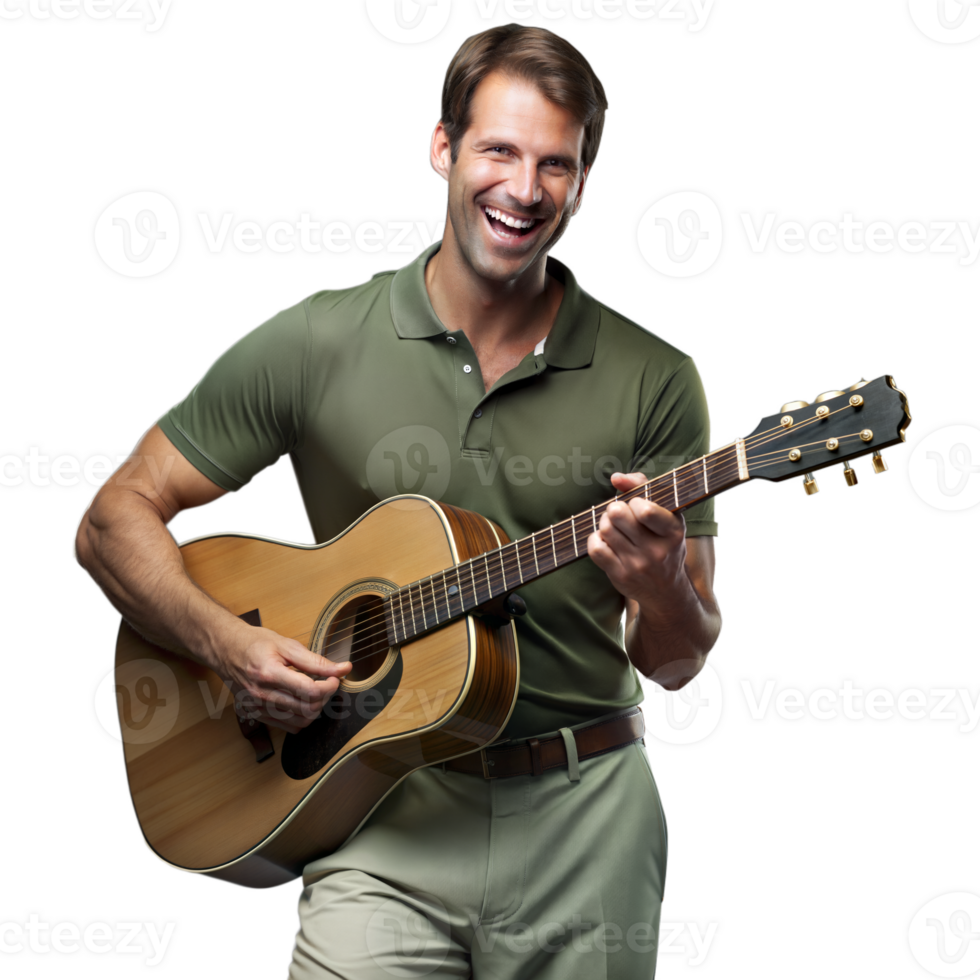 Smiling man playing guitar on transparent background png