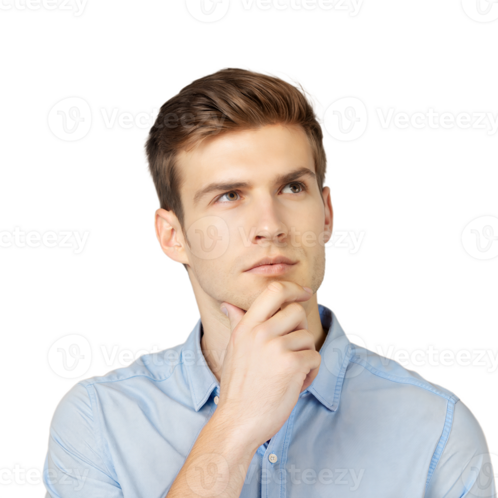 Thoughtful young man with hand on chin on transparent background png