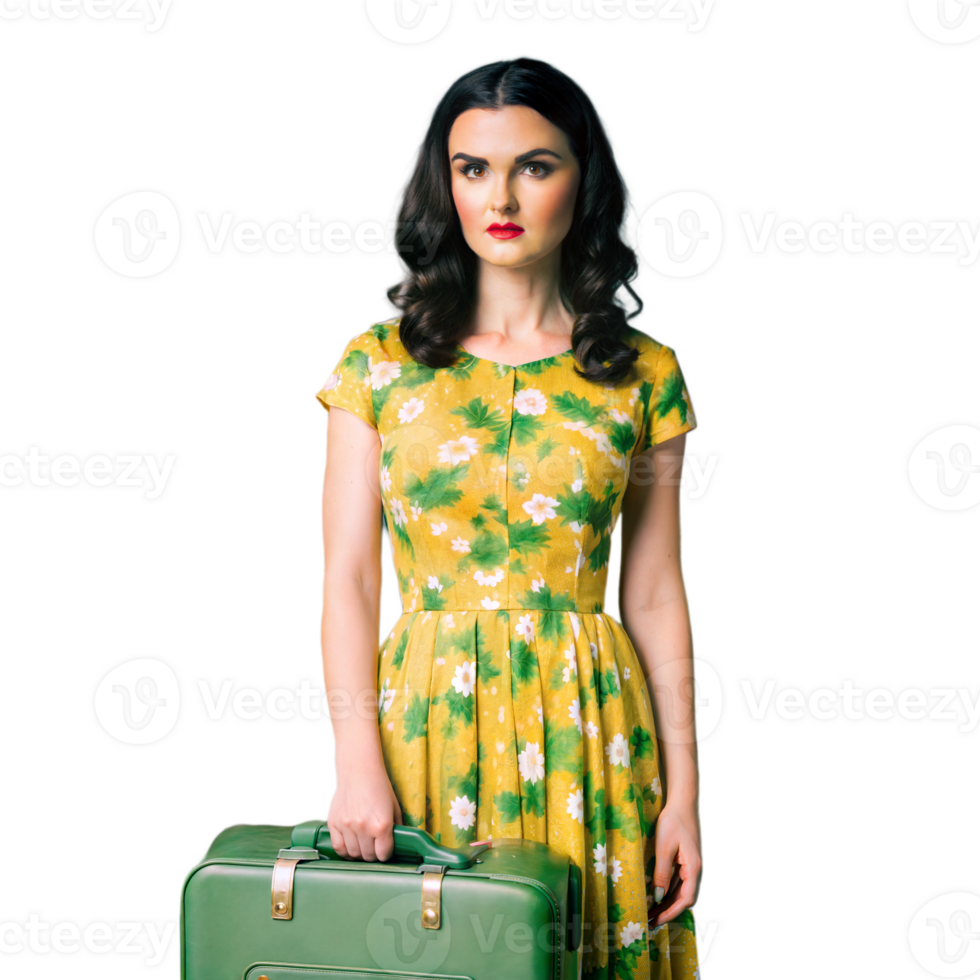 Retro woman in floral dress holding suitcase on transparent background png
