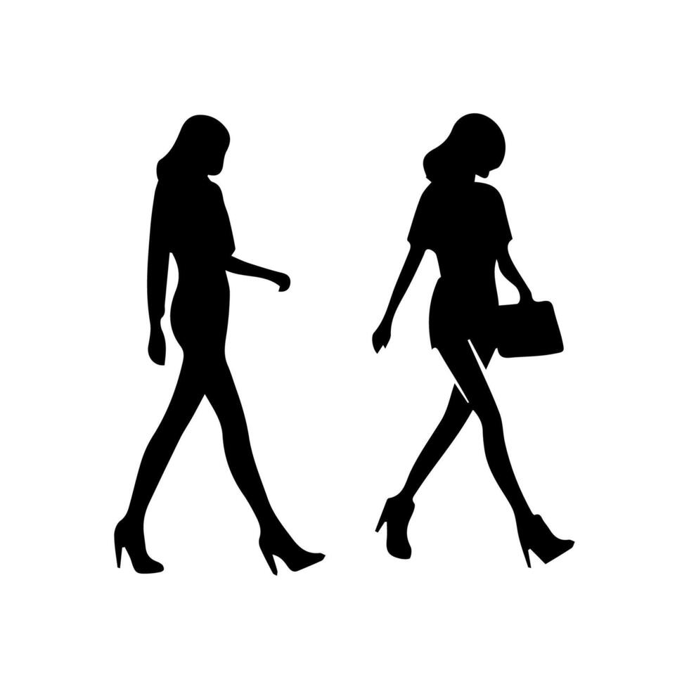 silhouettes of women standing and walking business people, black color isolated on white background vector