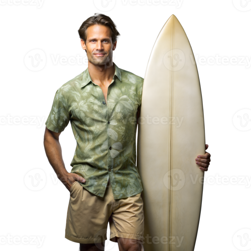Confident man holding surfboard on transparent background png