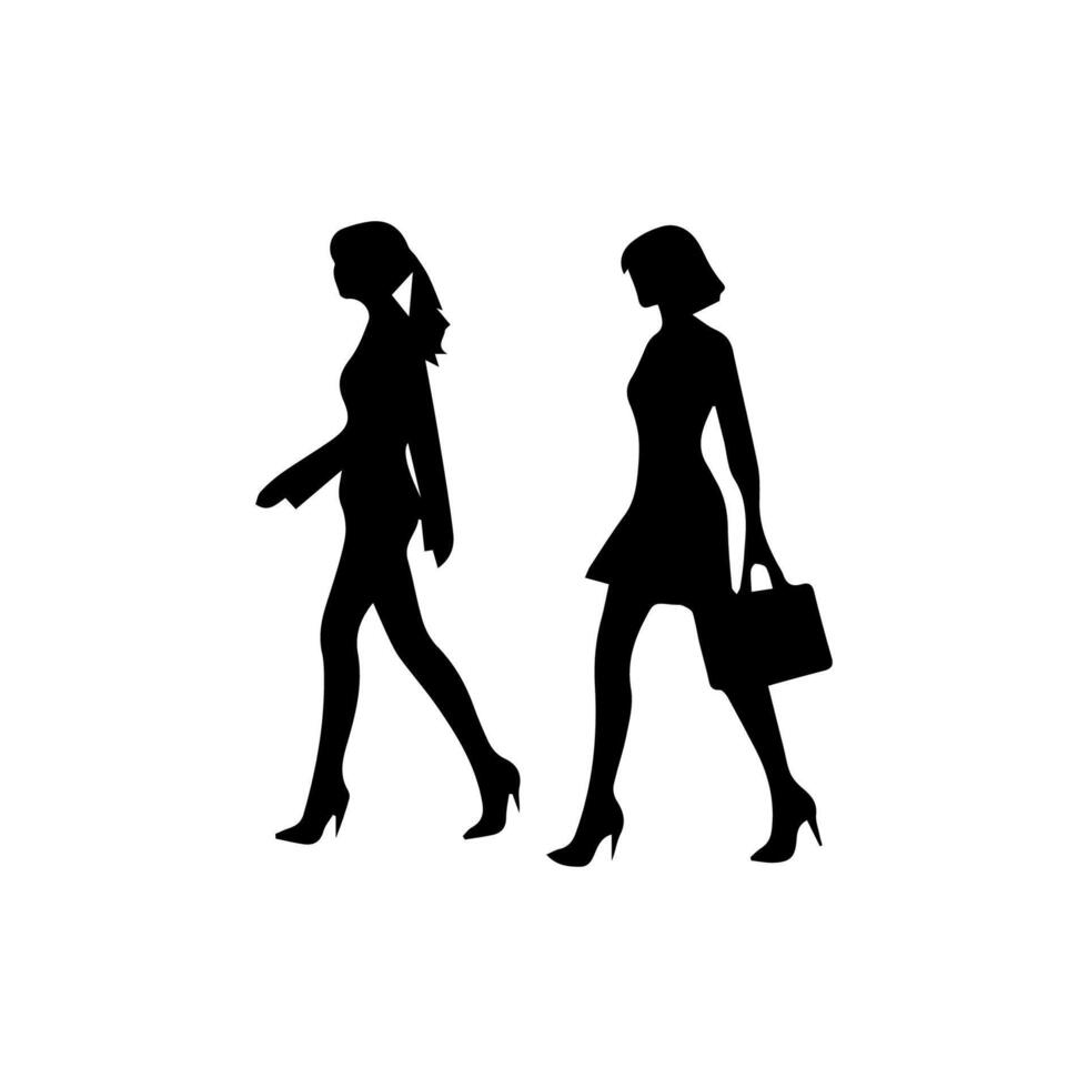 silhouettes of women standing and walking business people, black color isolated on white background vector