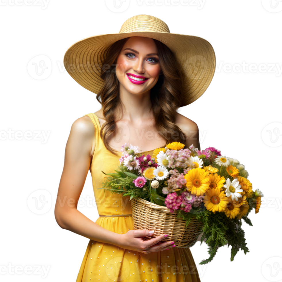 Woman in yellow dress holding basket of flowers smiling png