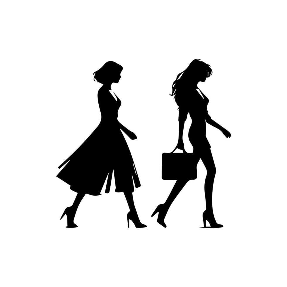 silhouettes of women standing and walking business people, black color isolated on white background vector