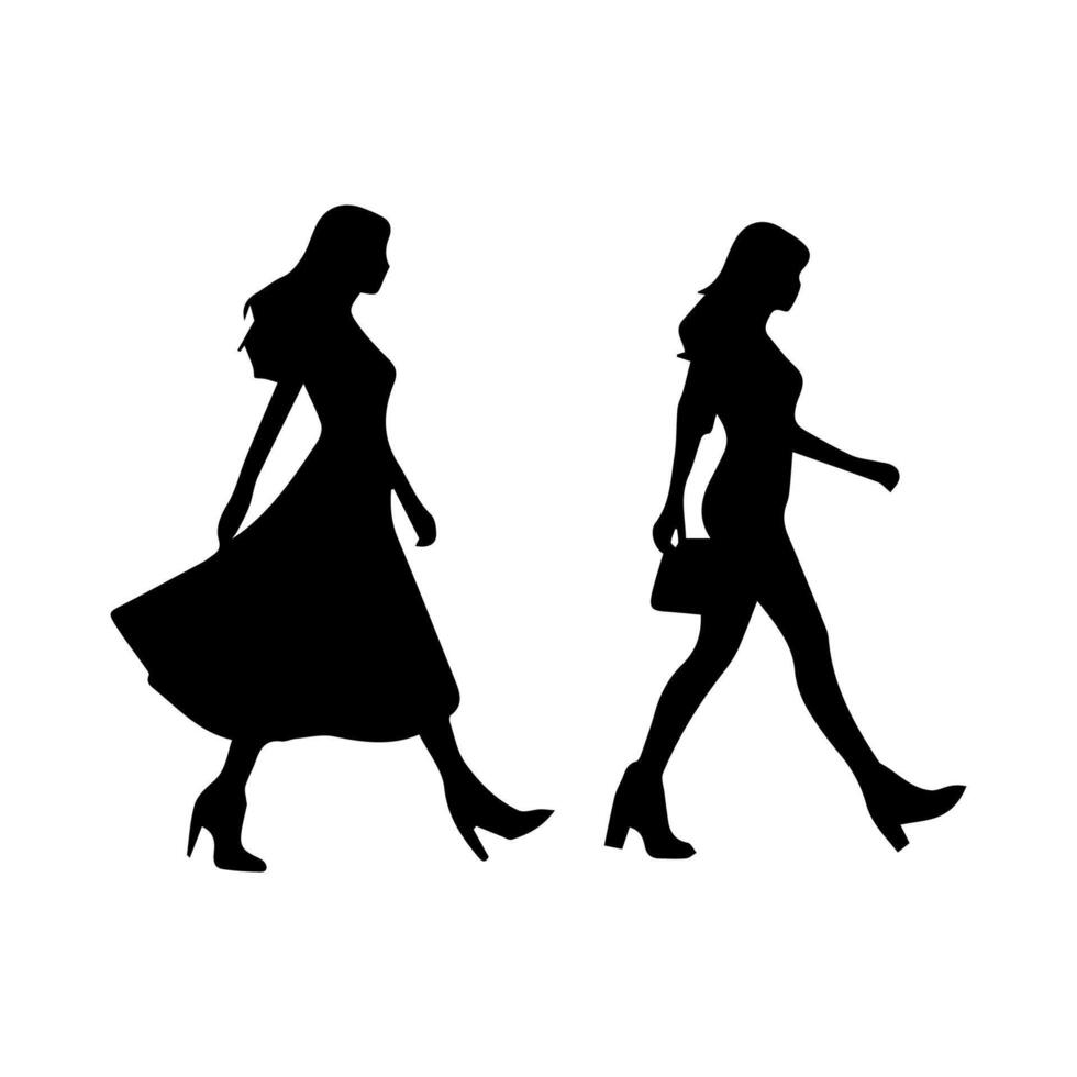 silhouettes of women standing and walking business people, black color isolated on white background vector