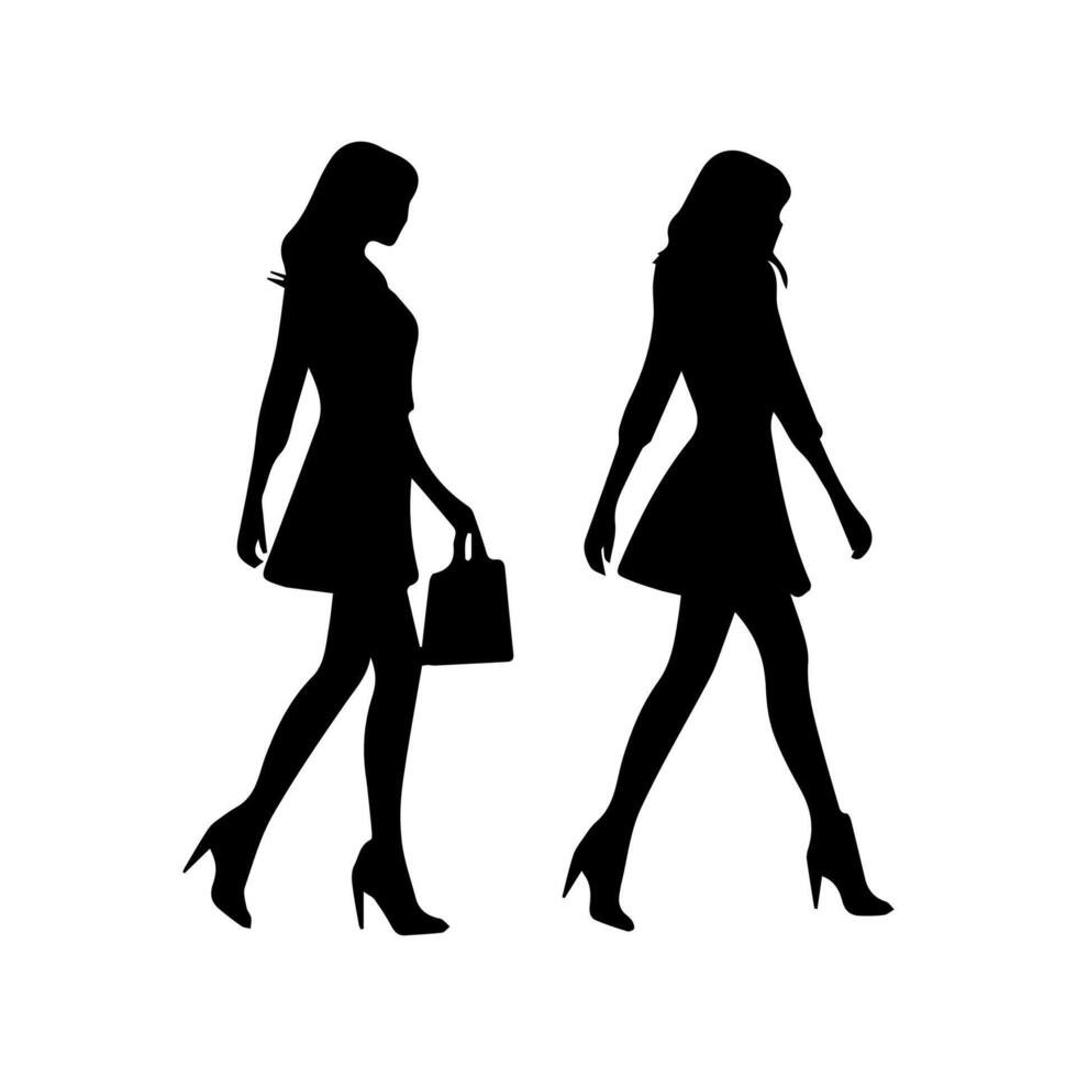 silhouettes of women standing and walking business people, black color isolated on white background vector