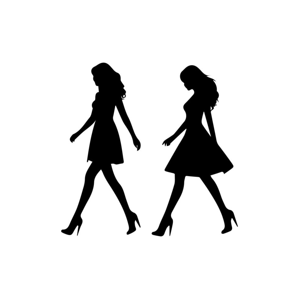 silhouettes of women standing and walking business people, black color isolated on white background vector