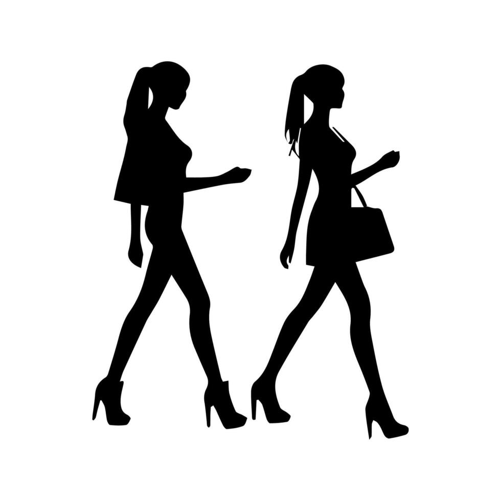 silhouettes of women standing and walking business people, black color isolated on white background vector