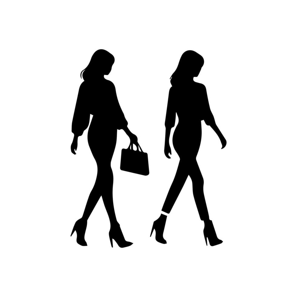 silhouettes of women standing and walking business people, black color isolated on white background vector