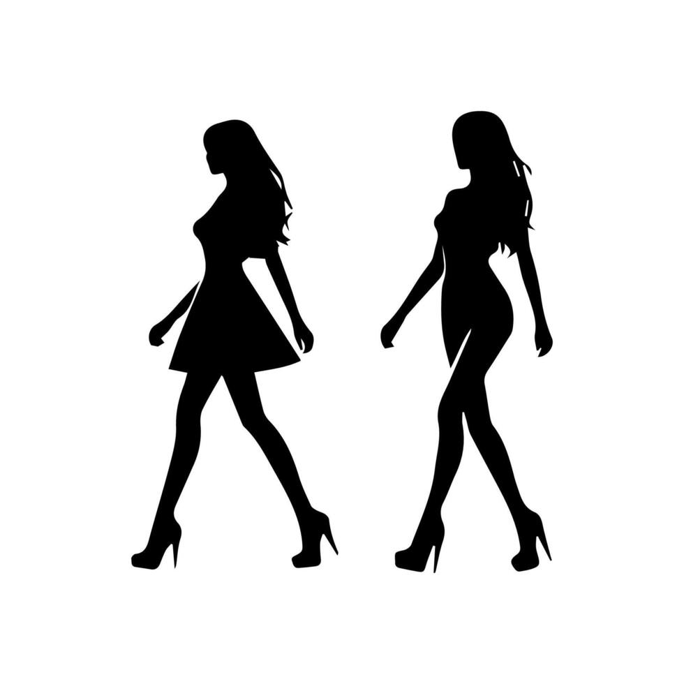 silhouettes of women standing and walking business people, black color isolated on white background vector