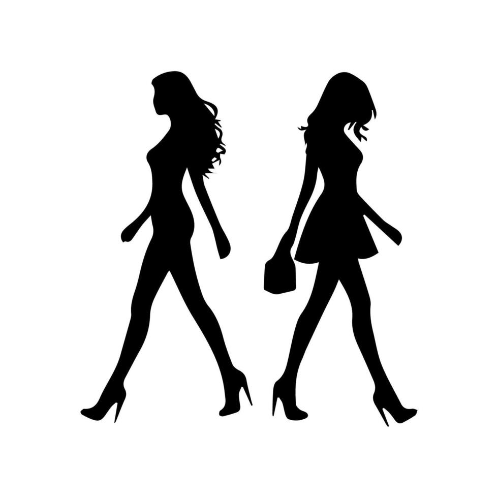 silhouettes of women standing and walking business people, black color isolated on white background vector