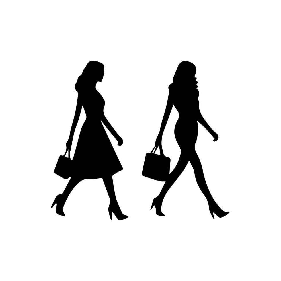 silhouettes of women standing and walking business people, black color isolated on white background vector