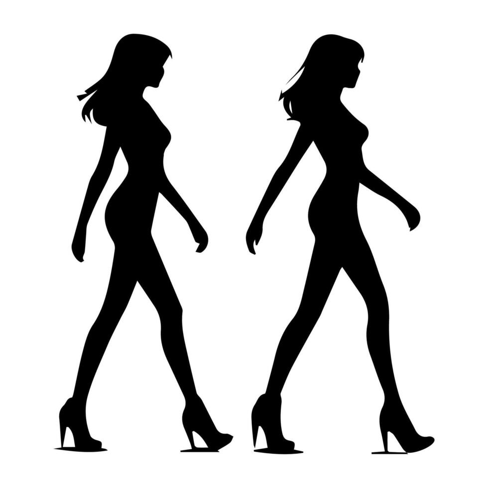 silhouettes of women standing and walking business people, black color isolated on white background vector