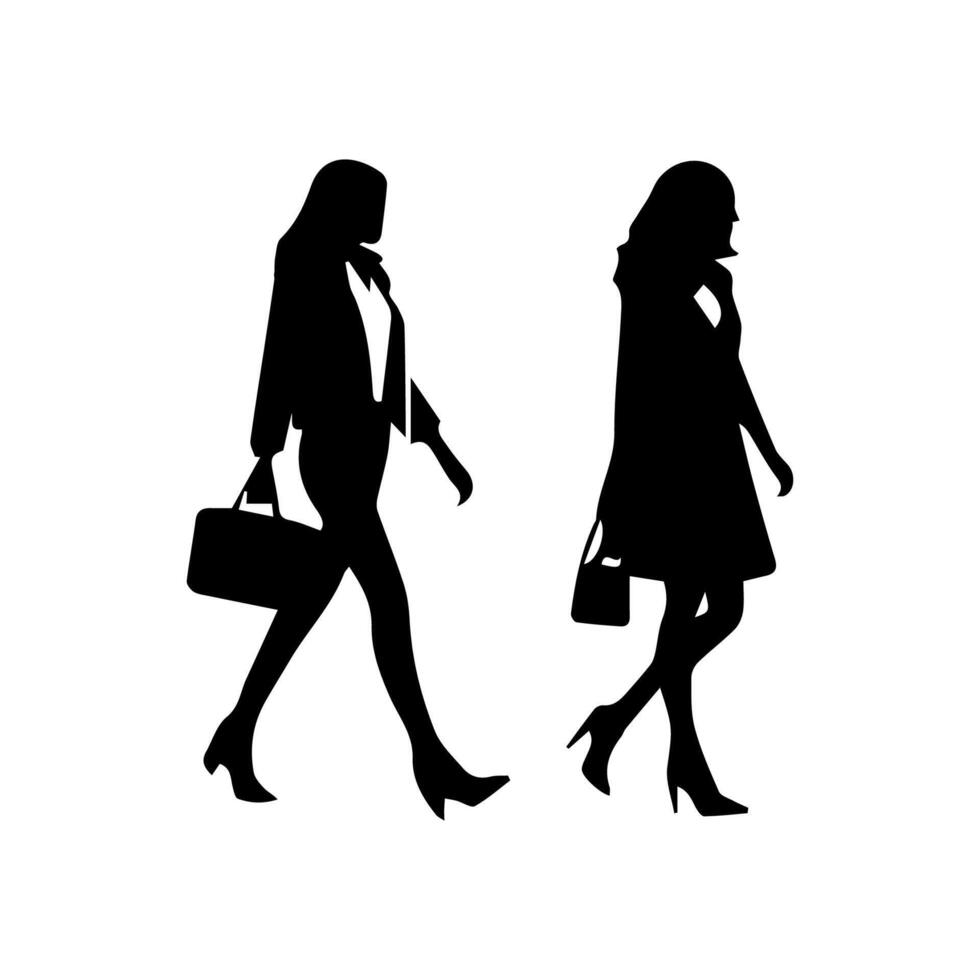 silhouettes of women standing and walking business people, black color isolated on white background vector
