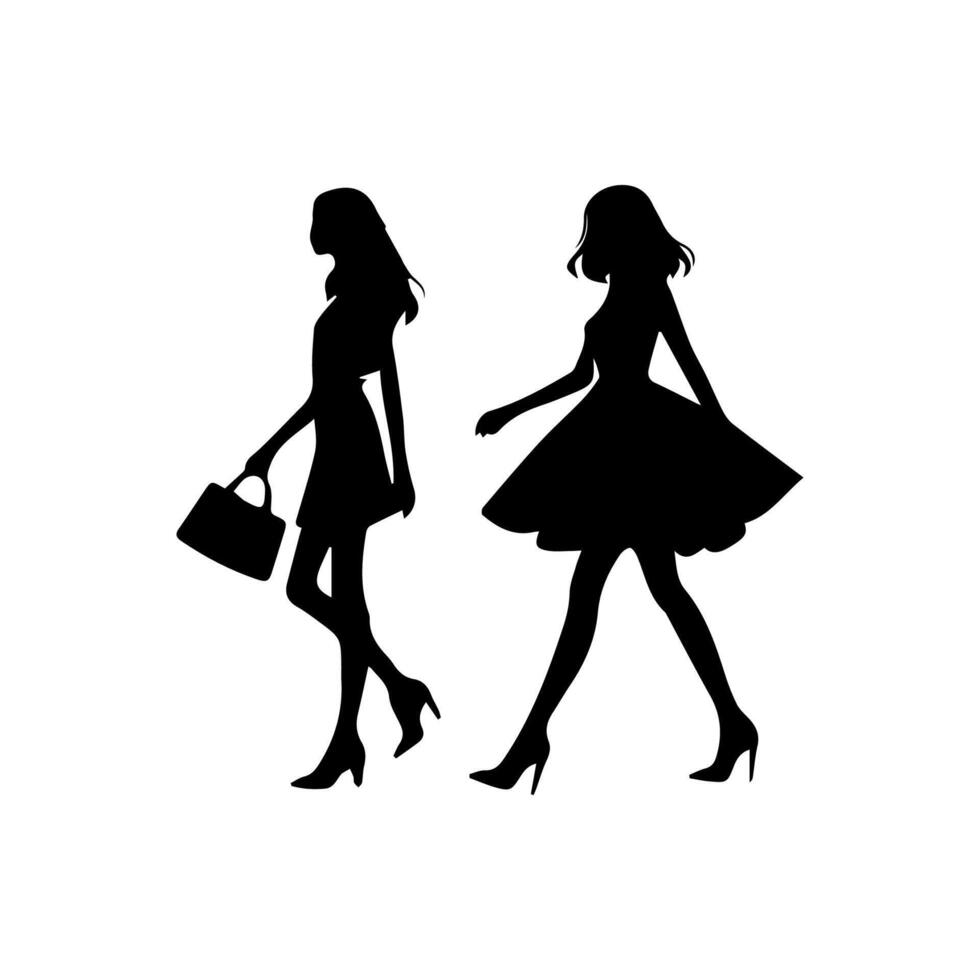 silhouettes of women standing and walking business people, black color isolated on white background vector