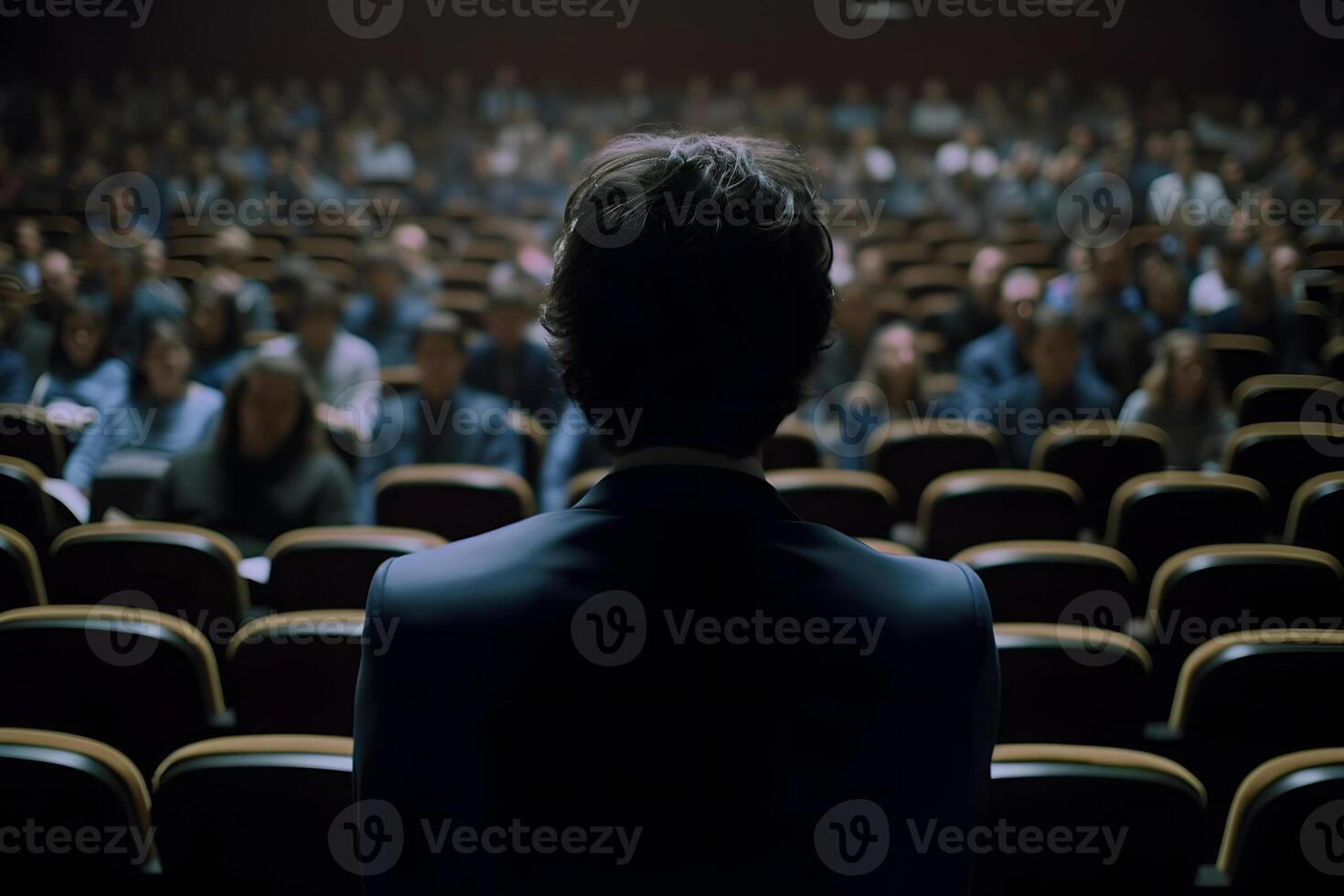 Speaker Giving a Talk at Business Meeting. Audience in the conference hall. Neural network photo