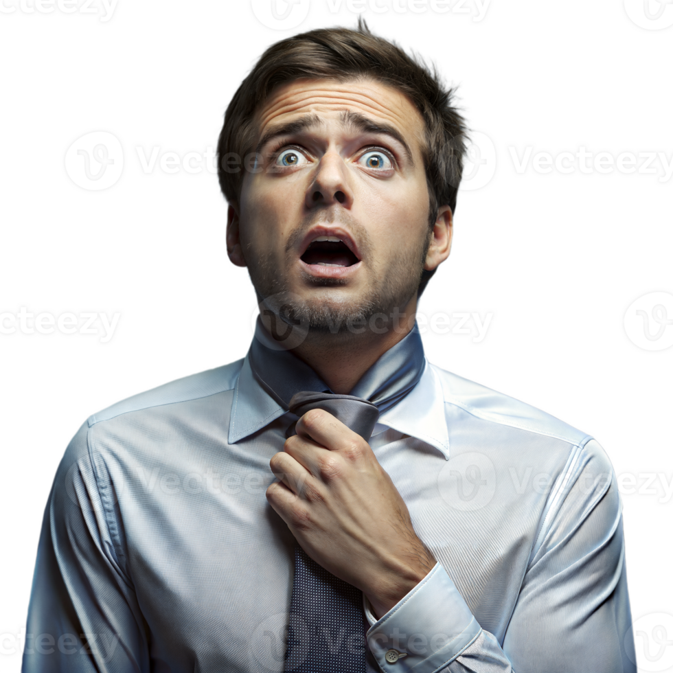 Stressed young man adjusting necktie on transparent background png