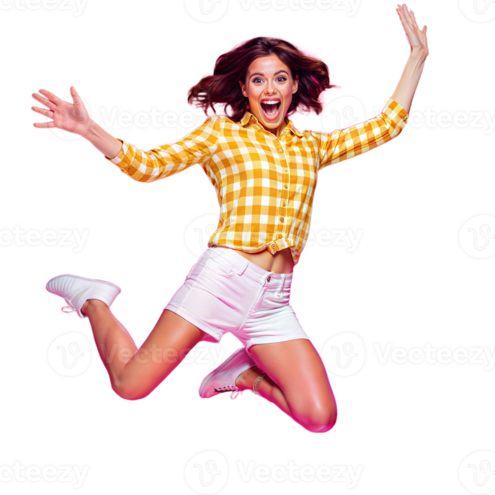 Happy woman jumping in mid-air with joyful expression png