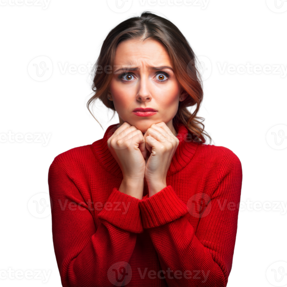 Worried woman in red sweater on transparent background png