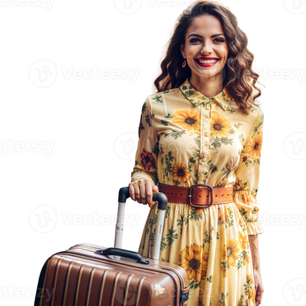 Smiling woman with suitcase ready for travel adventure png