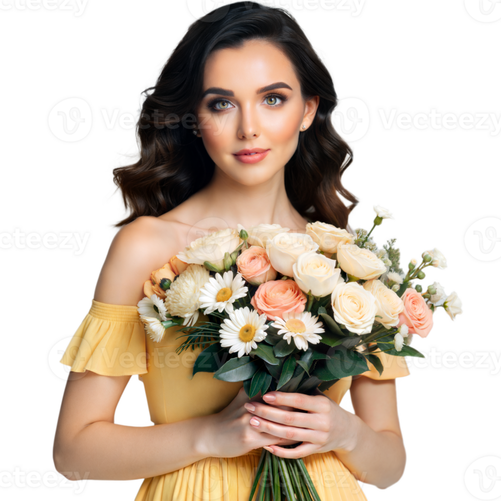 Elegant woman holding a bouquet of flowers on a transparent background png