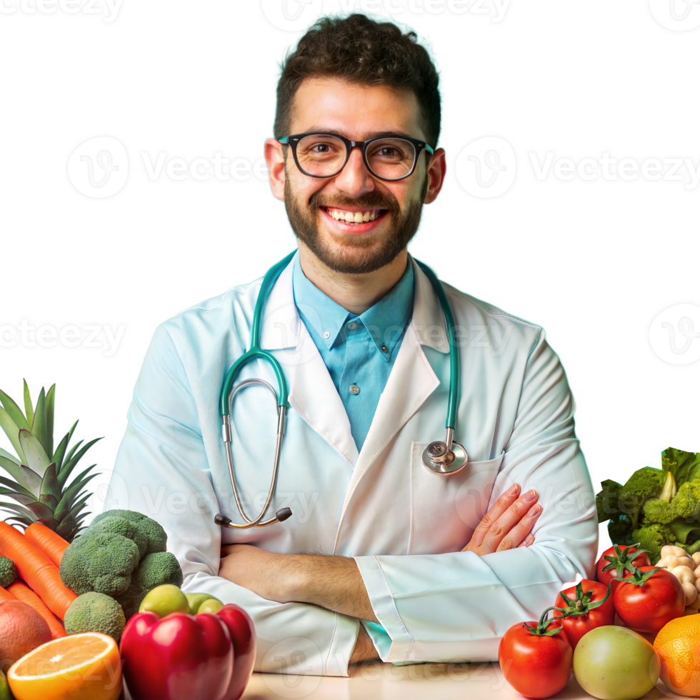 Smiling doctor with fresh vegetables promoting healthy eating png