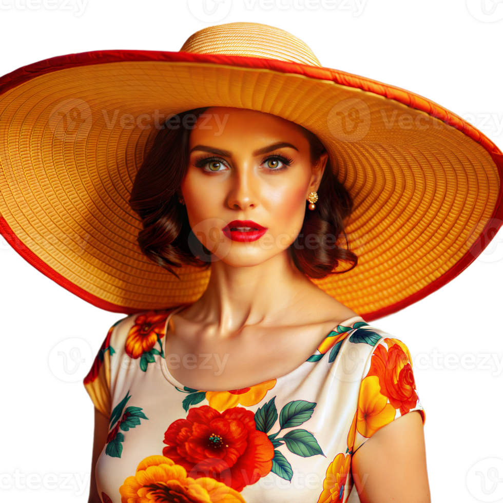 Elegant woman in floral dress wearing a large sun hat 46571827 png