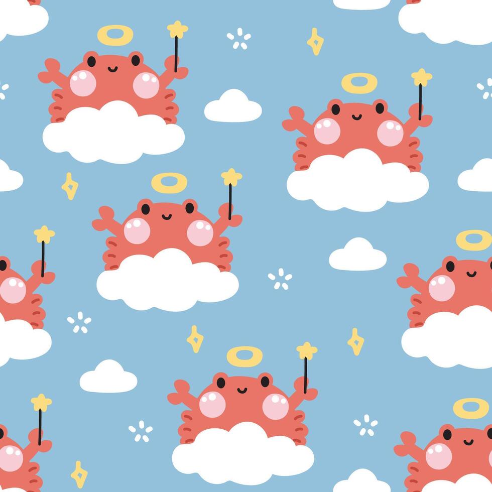 Seamless pattern of cute crab angel stay on clouds sky background.Marine animal character cartoon design.Kawaii.Illustration. vector