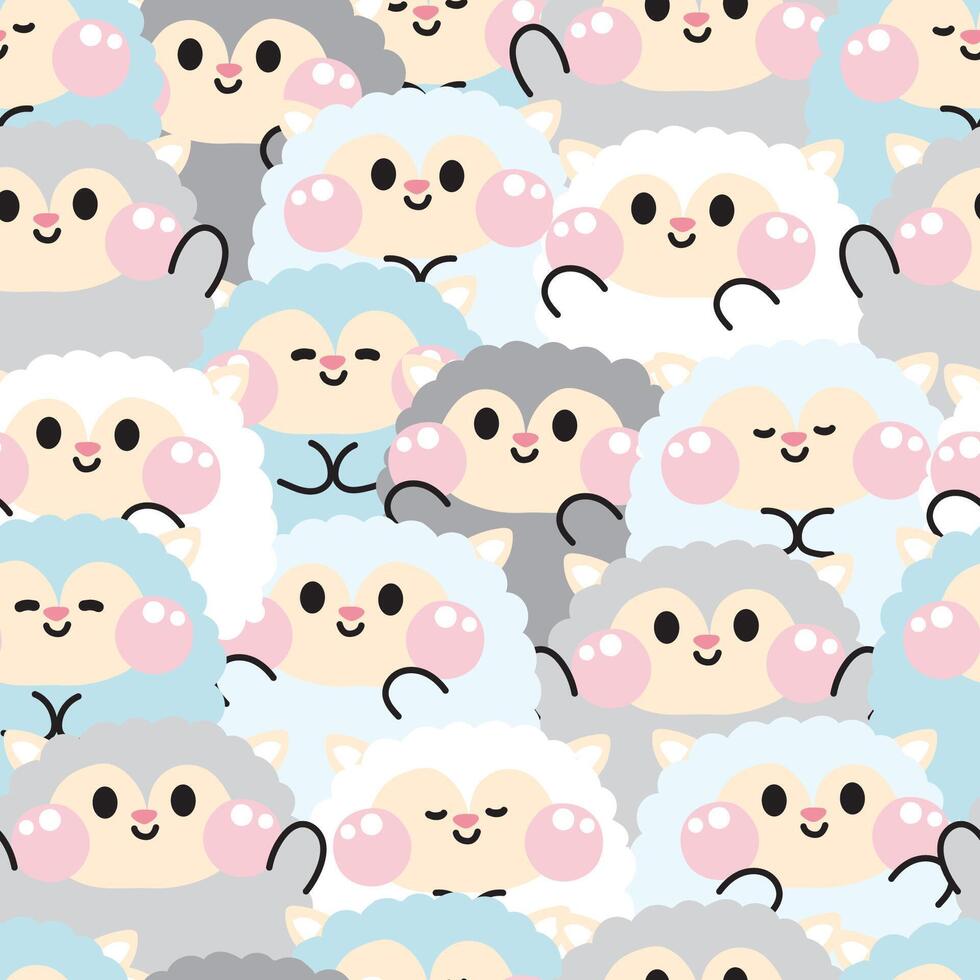 Repeat.Seamless pattern of cute sheep round pastel background.Various poses and feeling.Farm animal character cartoon design.Image for card,poster,baby clothing.Kawaii.Illustration. vector