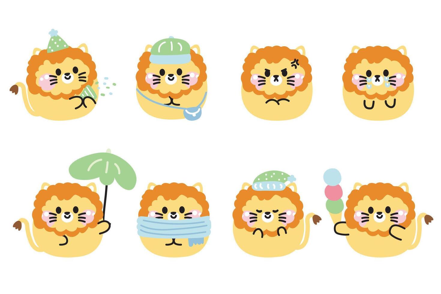 Set of cute lion round shape pastel in various poses and feeling on white background.Wild animal character cartoon design collection.Kawaii.illustration. vector
