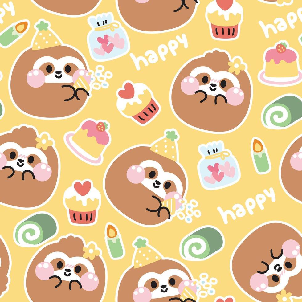 Seamless pattern of cute sloth round shape pastel in party concept background.Cake,heart cookies,roll cake,candle.Wild animal character cartoon design.Image for card,poster,baby clothing.Kawaii. vector