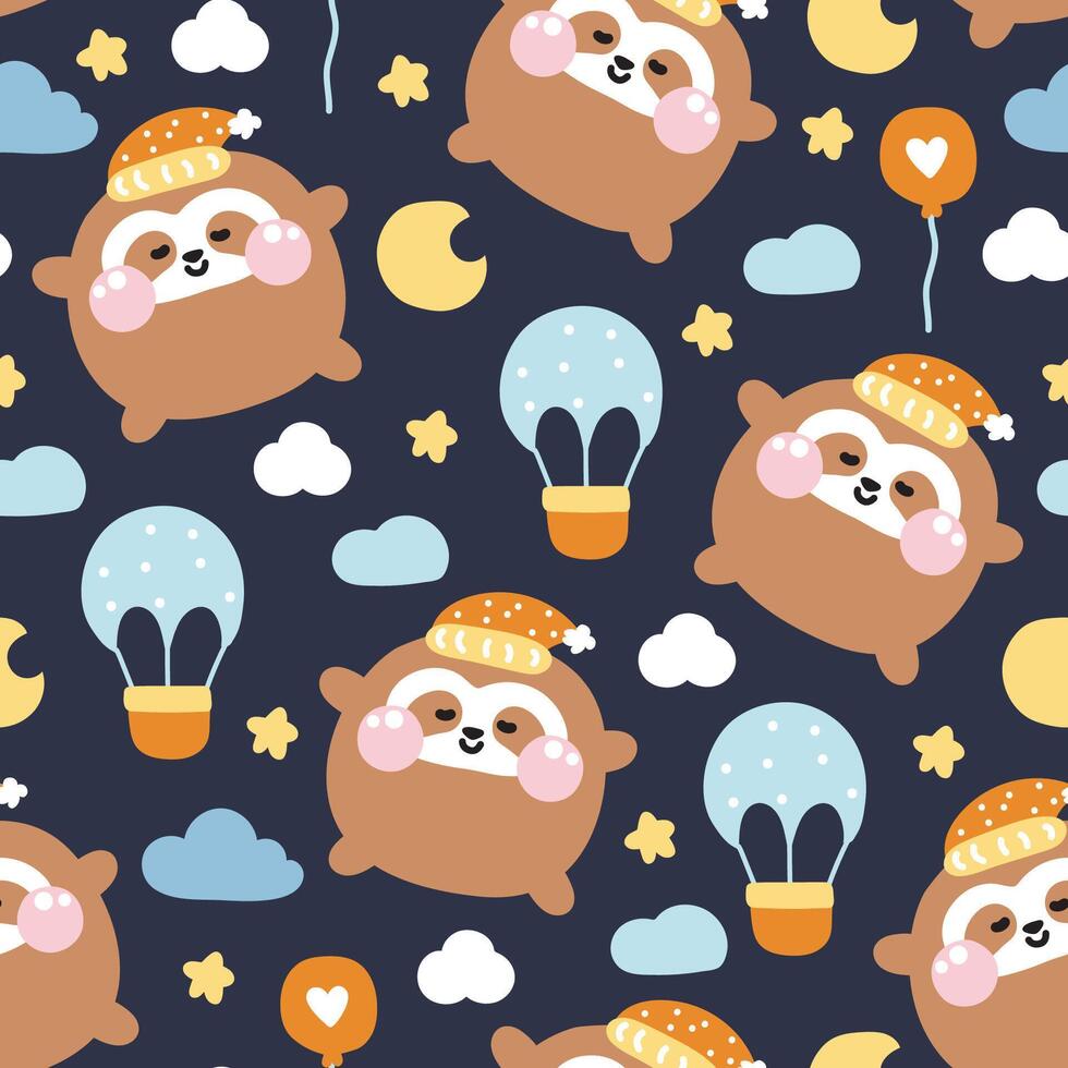 Seamless pattern of cute sloth round shape pastel sleep with balloon and star on night moon sky background.Wild animal character cartoon design.Image for card,poster,baby clothing.Kawaii.Illustration vector