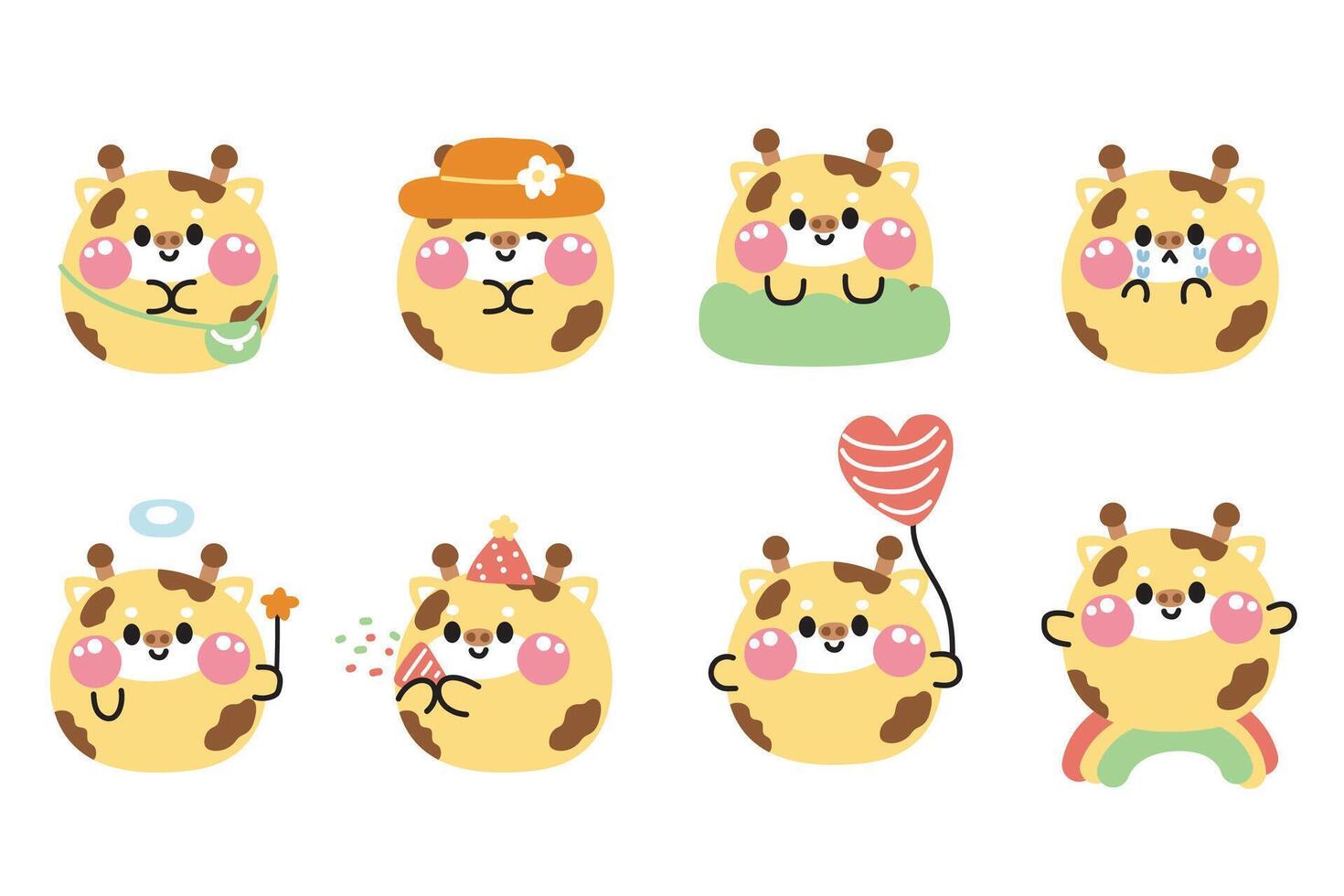 Set of cute giraffe round shape pastel in various poses and feeling on white background.Wild animal character cartoon design collection.Kawaii.illustration. vector