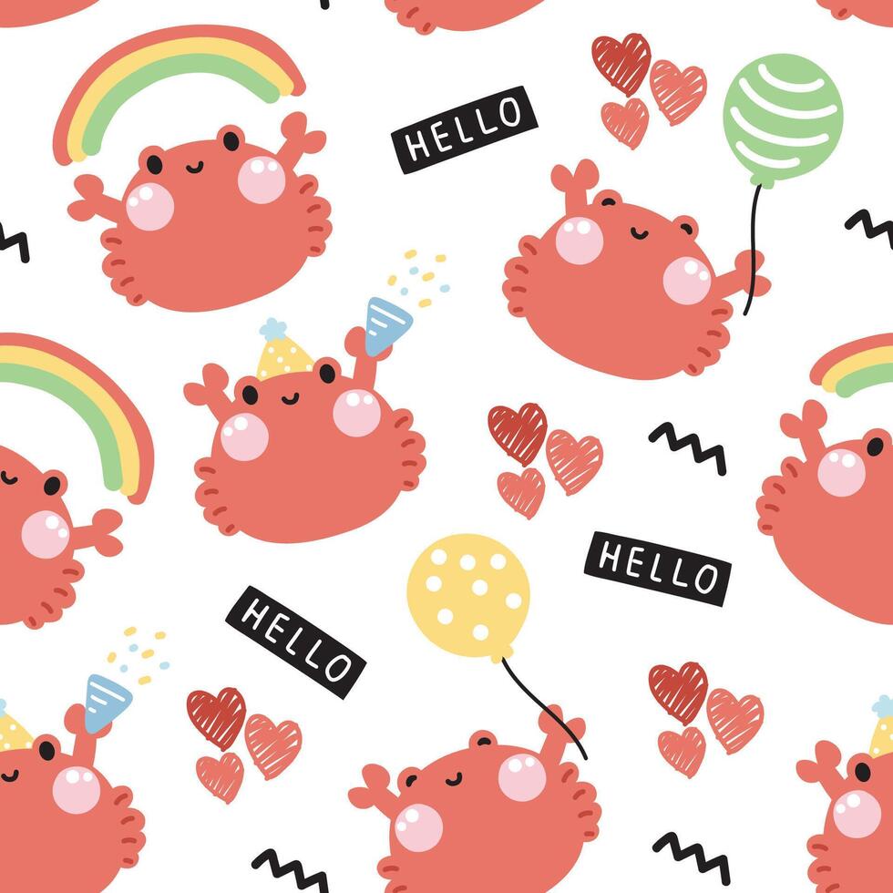 Seamless pattern of cute crab crying and sad feeling with shell and help me text on white background.Marine animal character cartoon design.Image for card,sticker,baby clothing.Sea and beach.Kawaii. vector